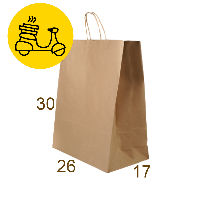 Bolsa de papel Kraft 30x26x17 cm. Delivery Fuelle ancho